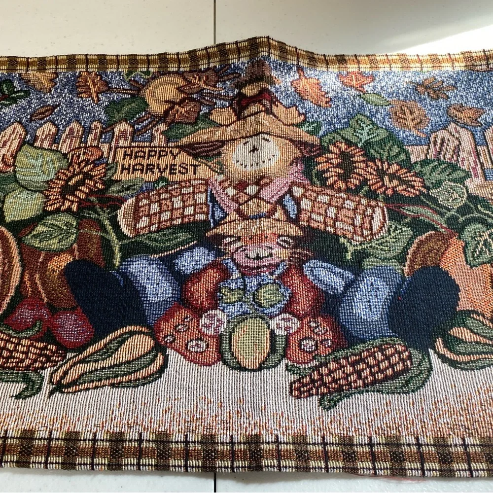 Happy Harvest table runner 70 " -73" vintage pumpkin scarecrow fall Thanksgiving - Picture 1 of 9